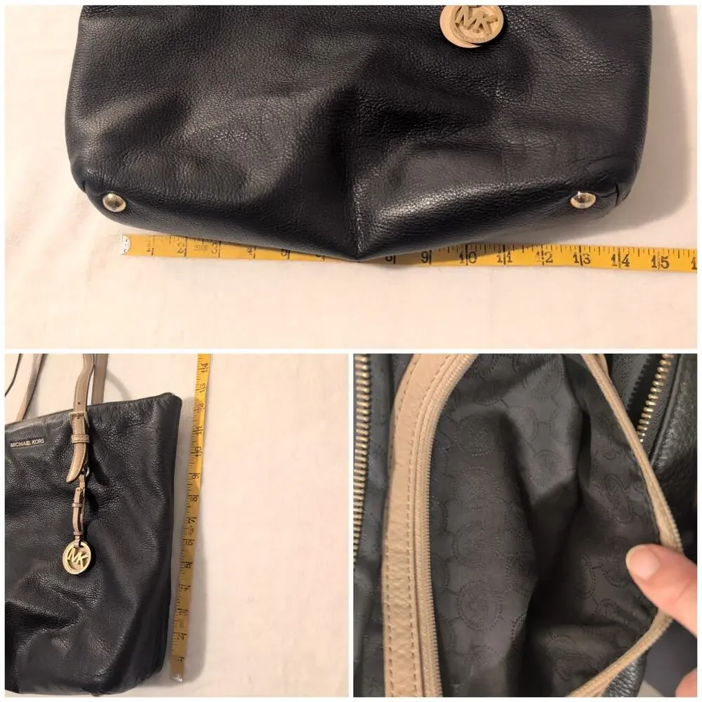 Michael Kors Jet Set Large Pebbled Black/Cream Leather Shoulder Bag Tote Purse